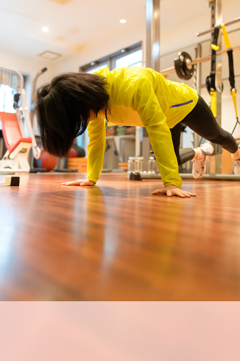 黄色いウェアを着た女性が腕立て伏せをしている様子